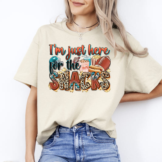 American football Cheer T-Shirt Football mom I'm just here for the snacks Unisex Tee Sand White Sport Grey-Sand-Family-Gift-Planet
