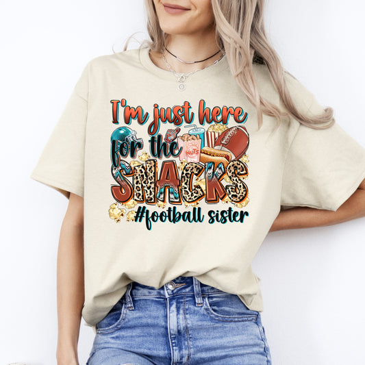 American football sister T-Shirt Football cheer I'm just here for the snacks Unisex Tee Sand White Sport Grey-Sand-Family-Gift-Planet