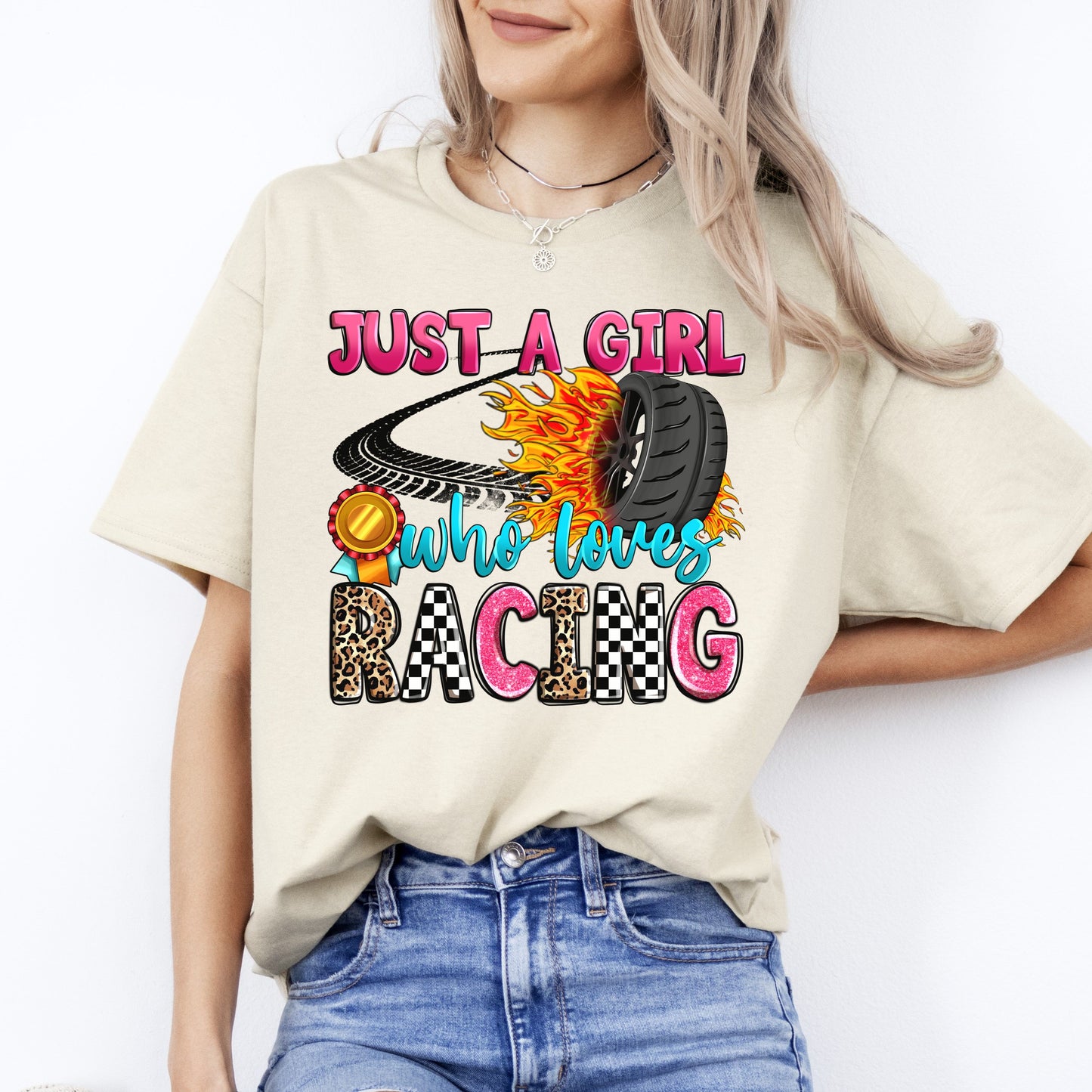 Just a girl who loves racing T-Shirt gift Racer Racing girl race day Unisex tee Sand White Sport Grey-Sand-Family-Gift-Planet