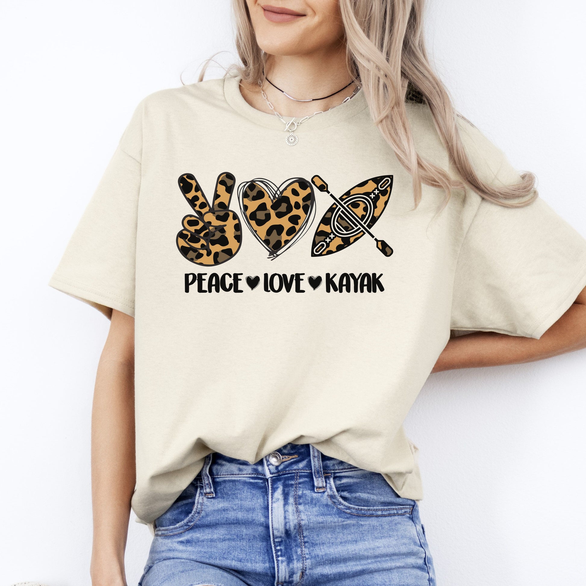 Peace Love Kayak T-Shirt Leopard skin Kayaker kayaking lover Unisex Tee Sand White Sport Grey-Sand-Family-Gift-Planet