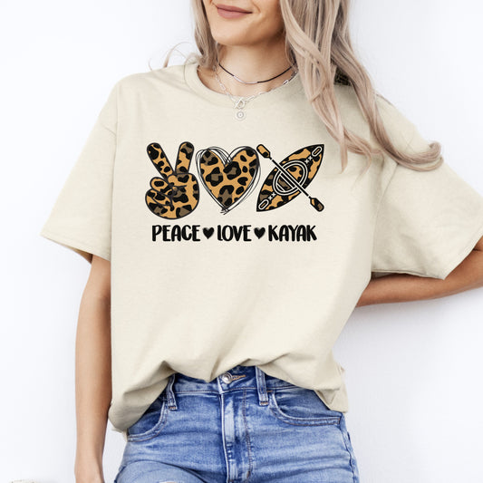 Peace Love Kayak T-Shirt Leopard skin Kayaker kayaking lover Unisex Tee Sand White Sport Grey-Sand-Family-Gift-Planet