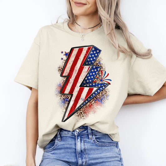 Leopard American flag Lightning bolt T-Shirt gift July 4th Unisex Tee Sand White Sport Grey-Sand-Family-Gift-Planet