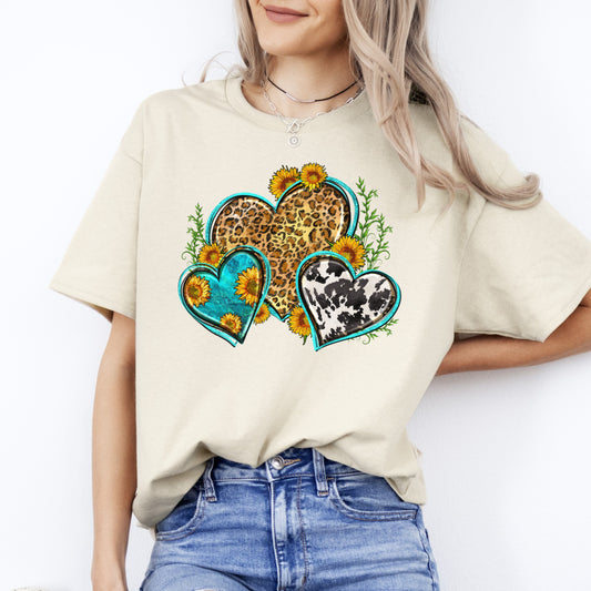 Leopard cowhide hearts T-Shirt gift Sunflower floral hearts Unisex Tee Sand White Sport Grey-Sand-Family-Gift-Planet