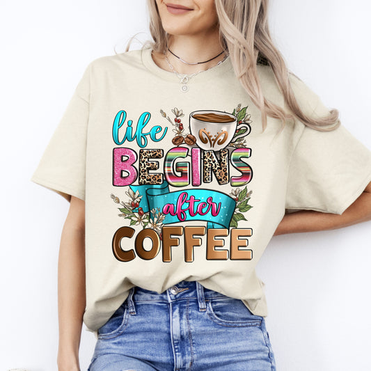 Life begins after coffee T-Shirt gift Morning Coffee lover Unisex Tee Sand White Sport Grey-Sand-Family-Gift-Planet