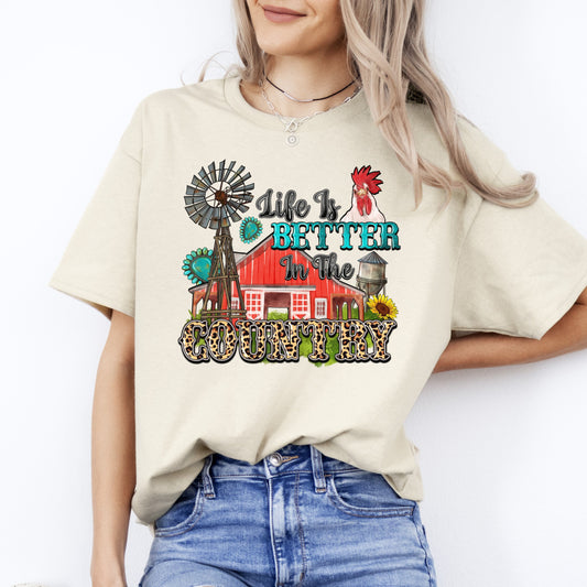 Life is better in the country T-Shirt gift Western Farm Rooster Unisex Tee Sand White Sport Grey-Sand-Family-Gift-Planet