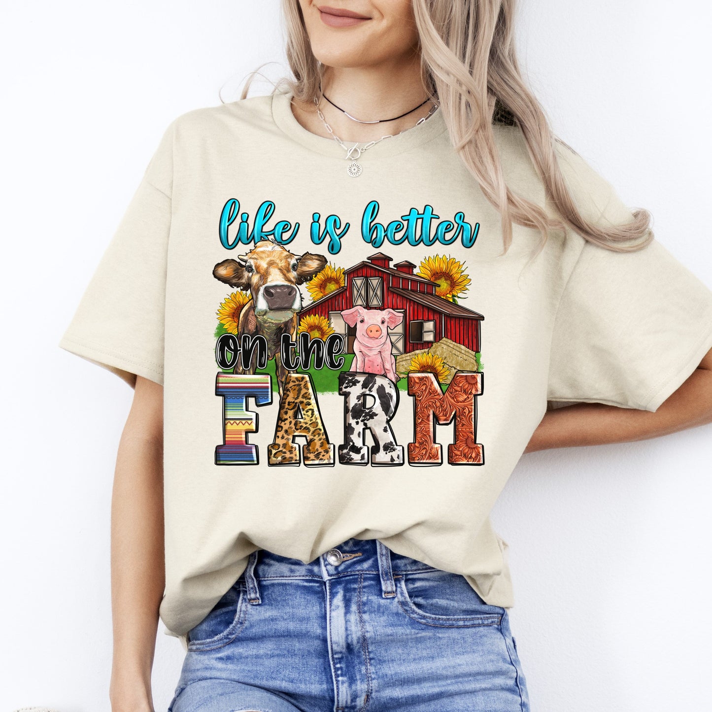 Life is better on the farm T-Shirt gift Cow pig farmer girl Unisex Tee Sand White Sport Grey-Sand-Family-Gift-Planet