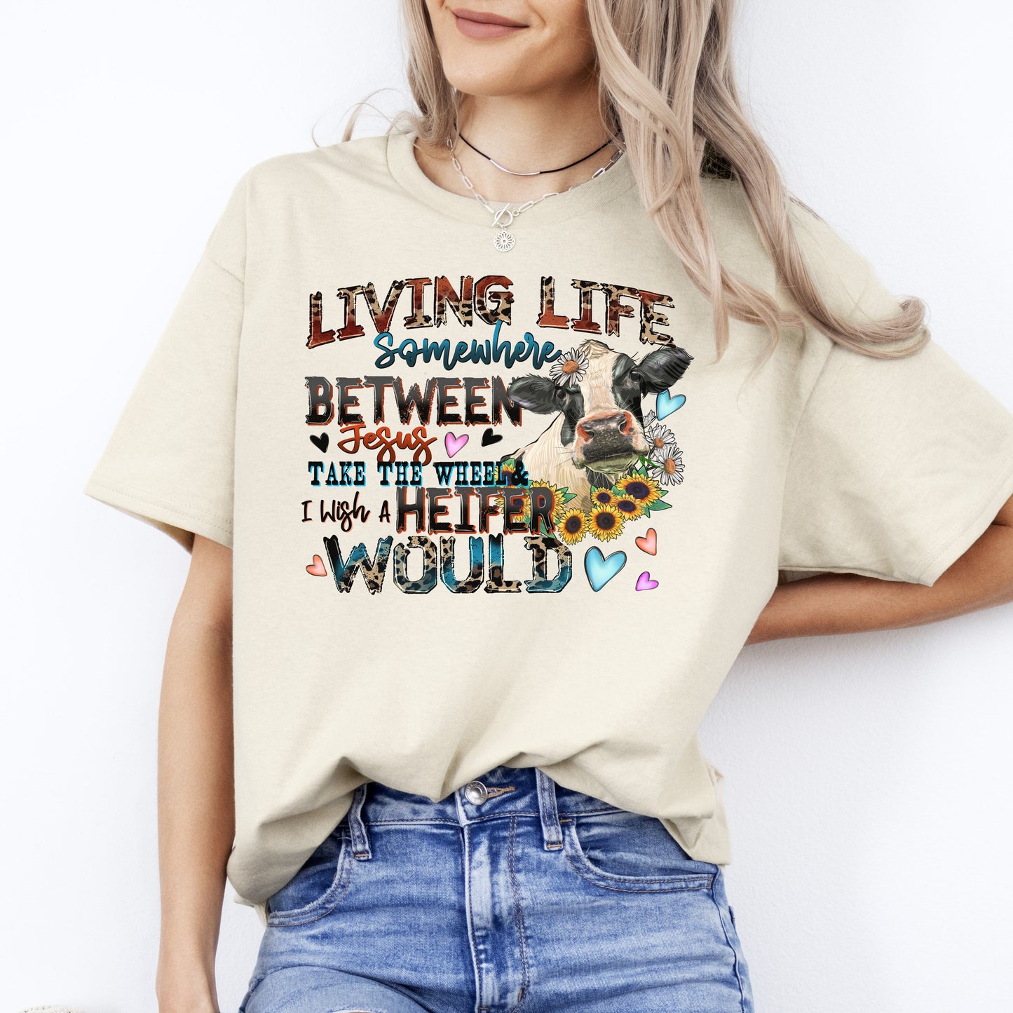 Living life somewhere between Jesus take the wheel T-Shirt gift Farm girl Unisex Tee Sand White Sport Grey-Sand-Family-Gift-Planet