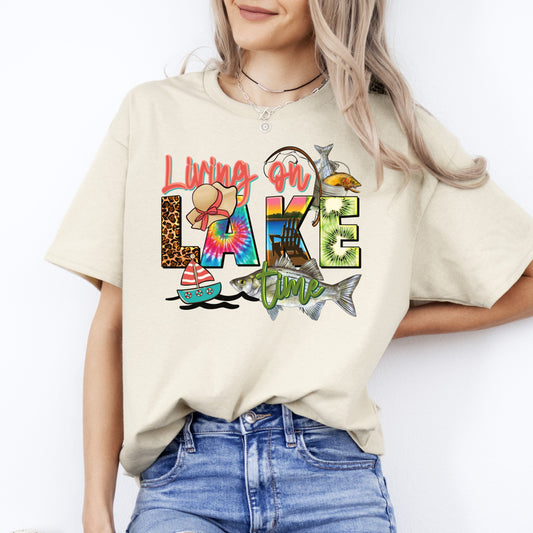 Living on lake time T-Shirt gift Summer Lake fishing boat Unisex Tee Sand White Sport Grey-Sand-Family-Gift-Planet