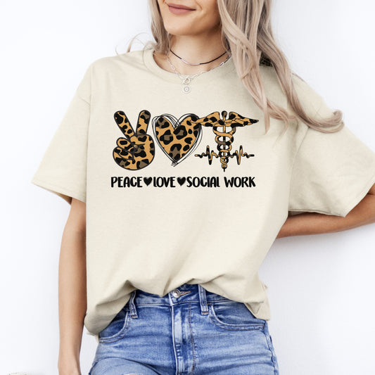 Peace love social work T-Shirt Leopard skin Social Worker Unisex Tee Sand White Sport Grey-Sand-Family-Gift-Planet