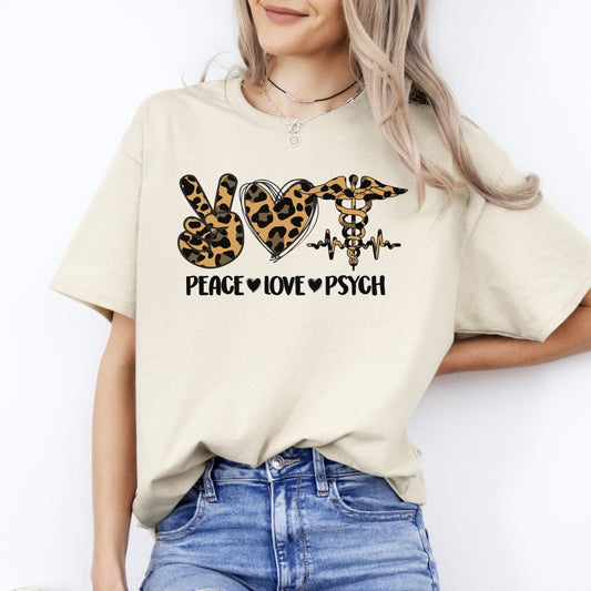 Peace Love Psych T-Shirt Leopard skin Mental Health nurse psychologist Unisex Tee Sand White Sport Grey-Sand-Family-Gift-Planet