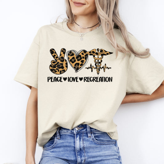 Peace Love Recreation T-Shirt Leopard skin RT Recreational therapist Unisex Tee Sand White Sport Grey-Sand-Family-Gift-Planet