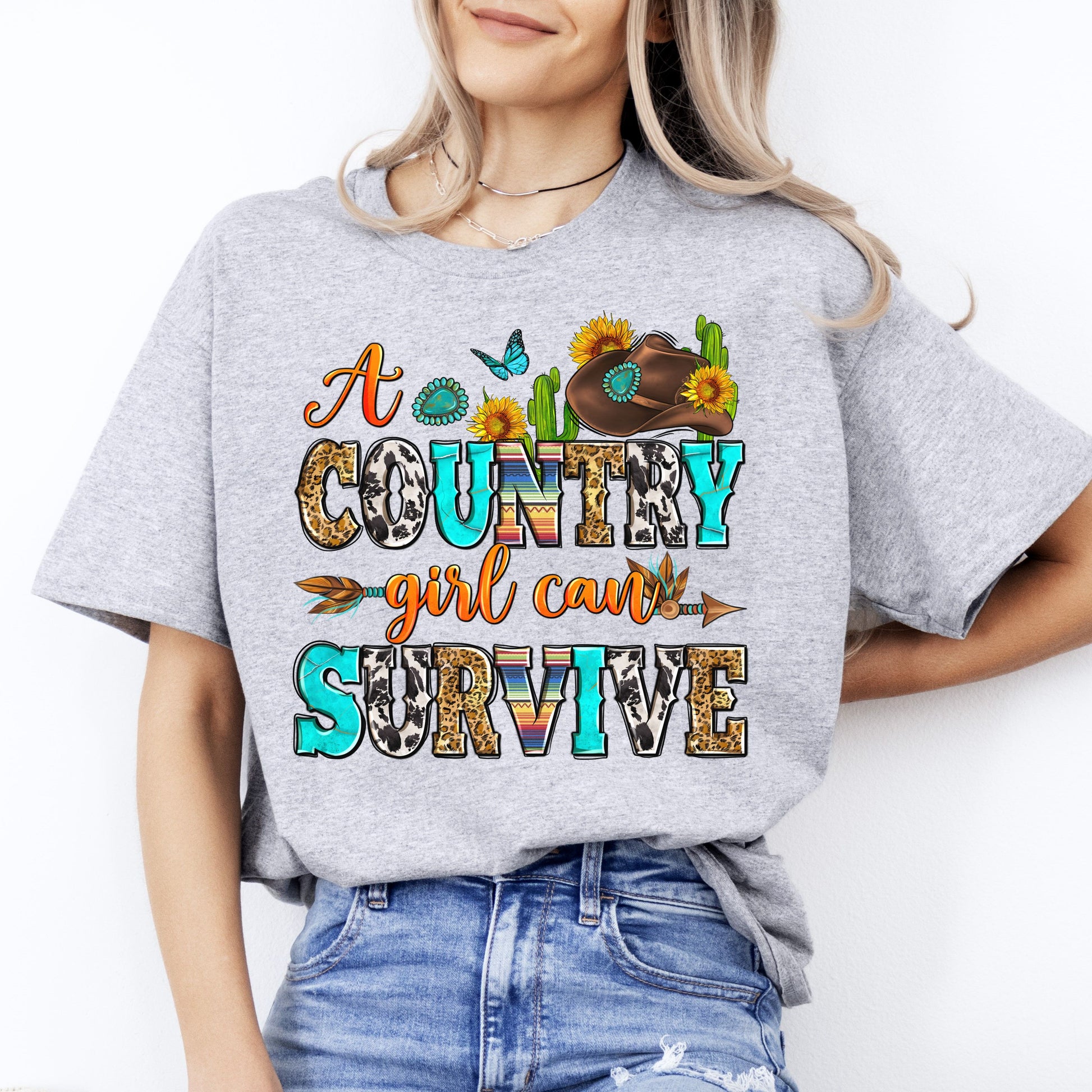 A country girl can survive T-Shirt Texas Western girl Unisex tee White Sand Grey-Sport Grey-Family-Gift-Planet