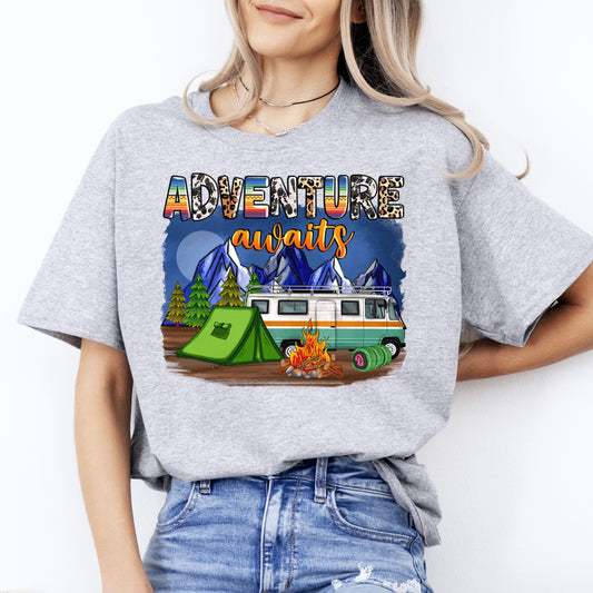 Adventure awaits T-Shirt Camping night tent and bus Unisex tee White Sand Grey-Sport Grey-Family-Gift-Planet