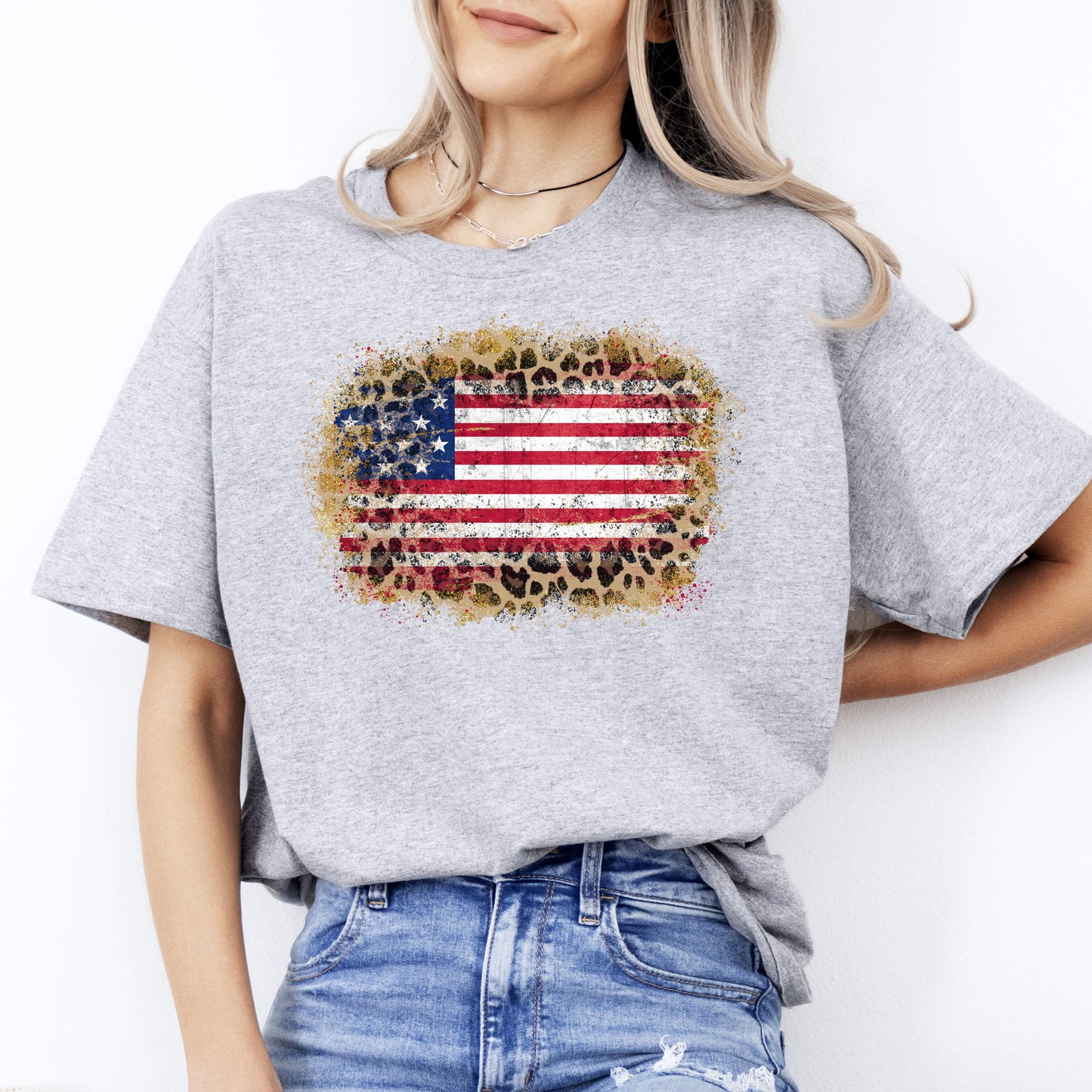 America leopard glitter flag T-Shirt Distressed stylish US flag Unisex tee White Sand Grey-Sport Grey-Family-Gift-Planet