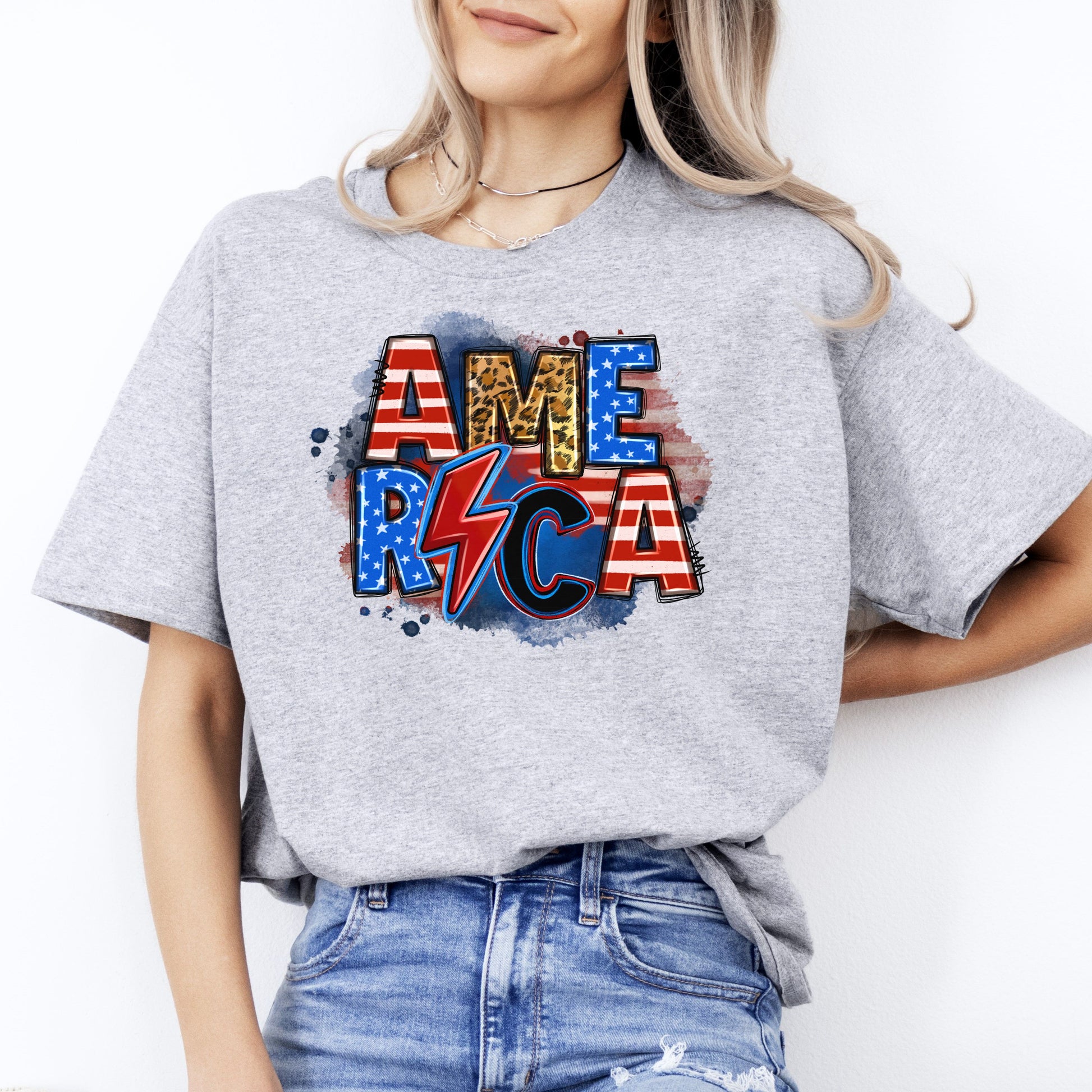 America lightning bolt T-Shirt US flag America July 4th Unisex tee White Sand Grey-Sport Grey-Family-Gift-Planet