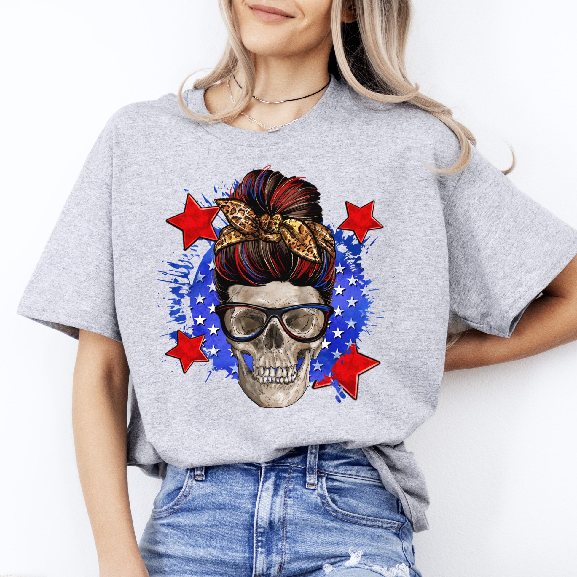 American mom skull T-Shirt July 4th skull mama Unisex tee White Sand Grey-Sport Grey-Family-Gift-Planet