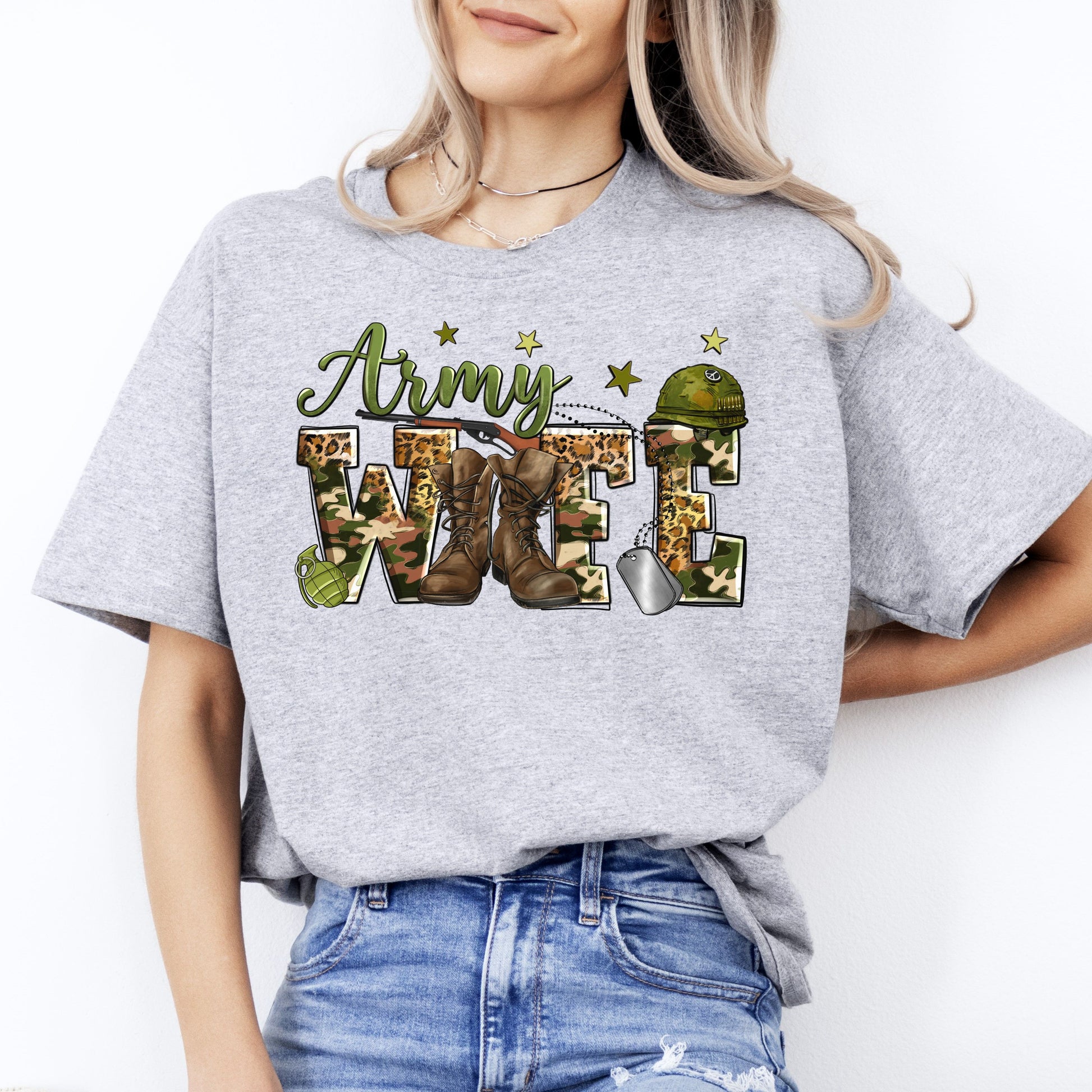 Army Wife T-Shirt Western Leopard skin Military Wife Unisex tee White Sand Grey-Sport Grey-Family-Gift-Planet