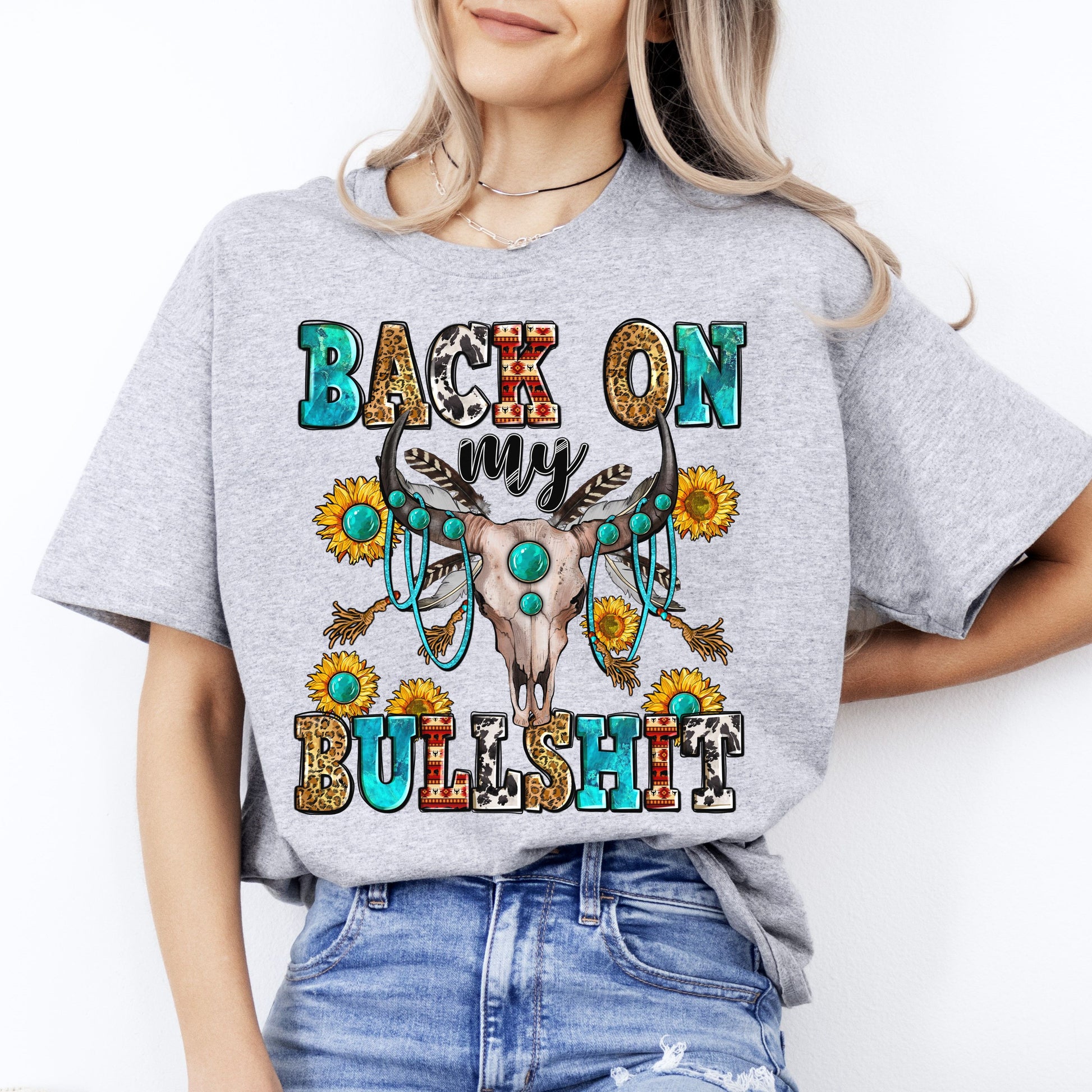 Back on my bullshit T-Shirt Western bull skull Unisex tee Sand White Sport Grey-Sport Grey-Family-Gift-Planet