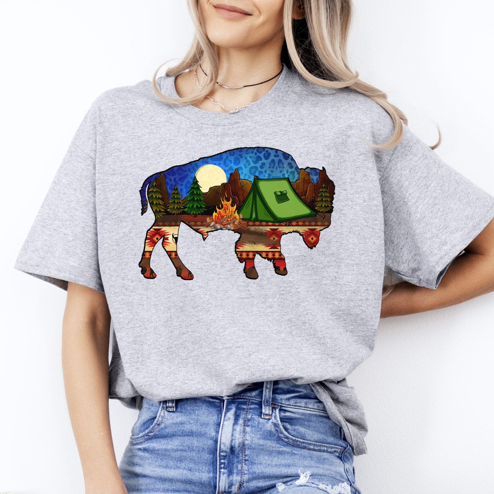 Buffalo tribe camp T-Shirt Buffalo tent bonfire camping Unisex tee White Sand Sport Grey-Sport Grey-Family-Gift-Planet