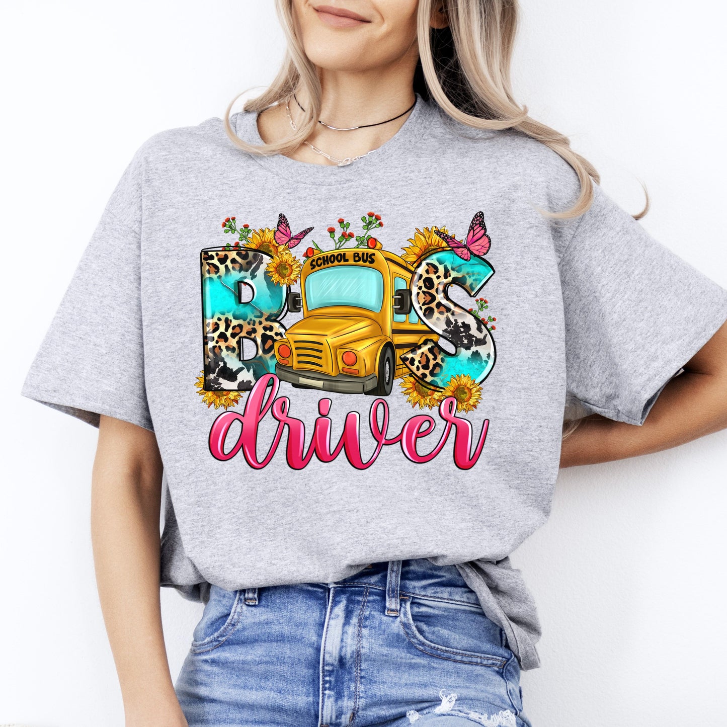 School Bus Driver T-Shirt sunflower leopard skin bus driver Unisex tee White Sand Sport Grey-Sport Grey-Family-Gift-Planet