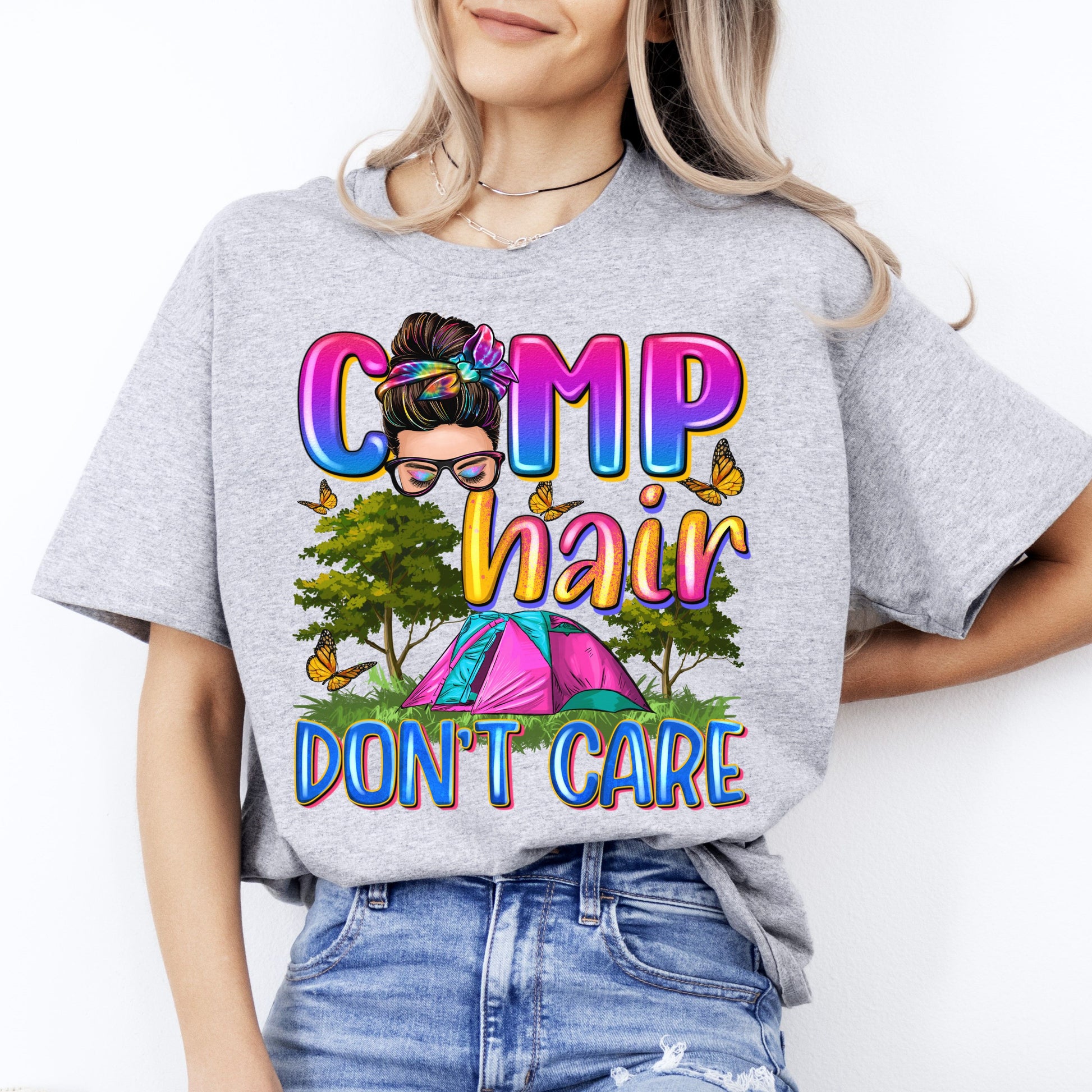 Camp hair don't care T-Shirt Forest Camping site Unisex tee White Sand Sport Grey-Sport Grey-Family-Gift-Planet