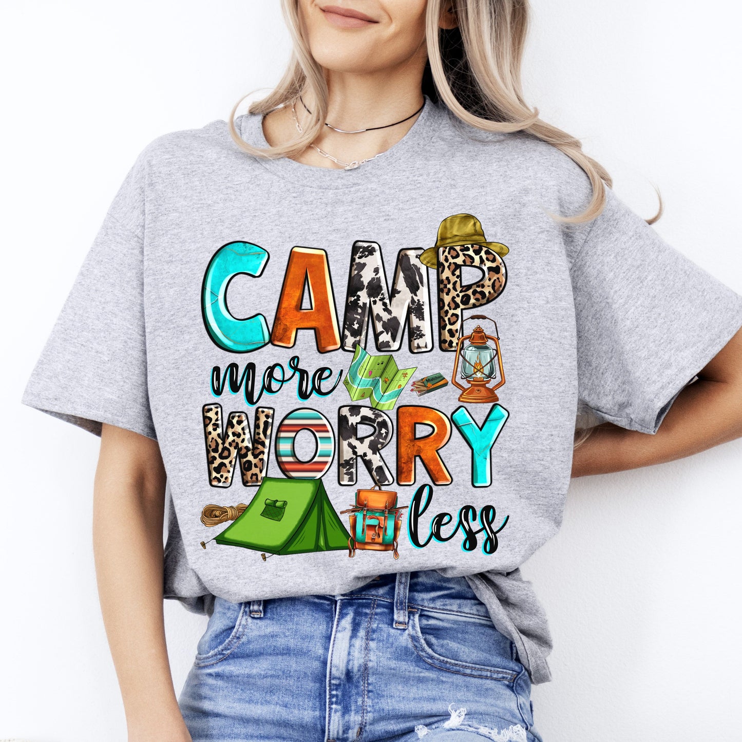 Camp more worry less T-Shirt Camper Unisex tee White Sand Sport Grey-Sport Grey-Family-Gift-Planet