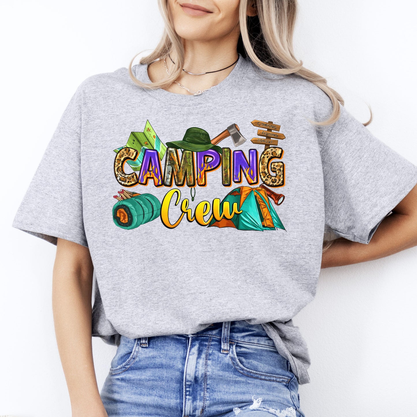 Camping crew T-Shirt Summer camp squad Unisex tee White Sand Sport Grey-Sport Grey-Family-Gift-Planet