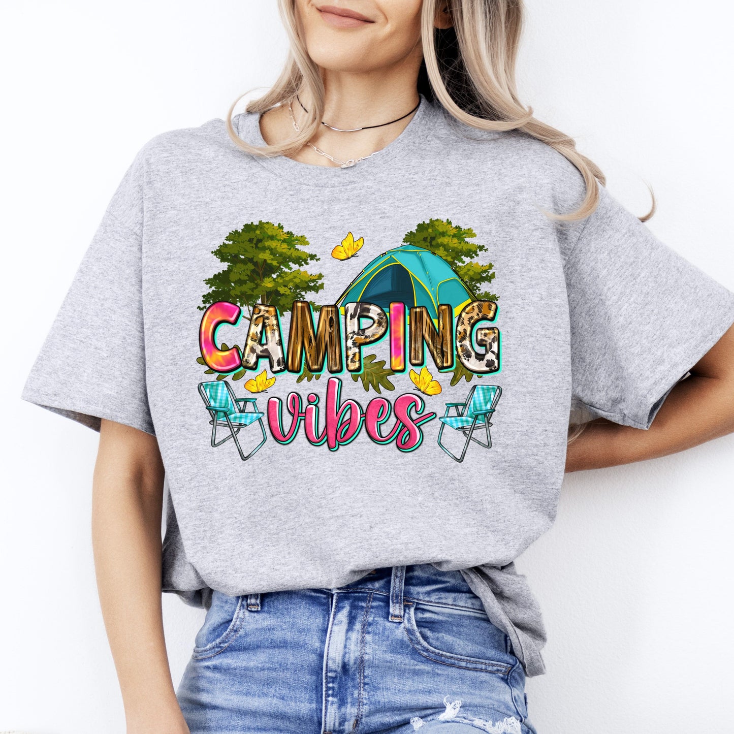 Camping vibes T-Shirt Forest tent summer camper Unisex tee White Sand Sport Grey-Sport Grey-Family-Gift-Planet