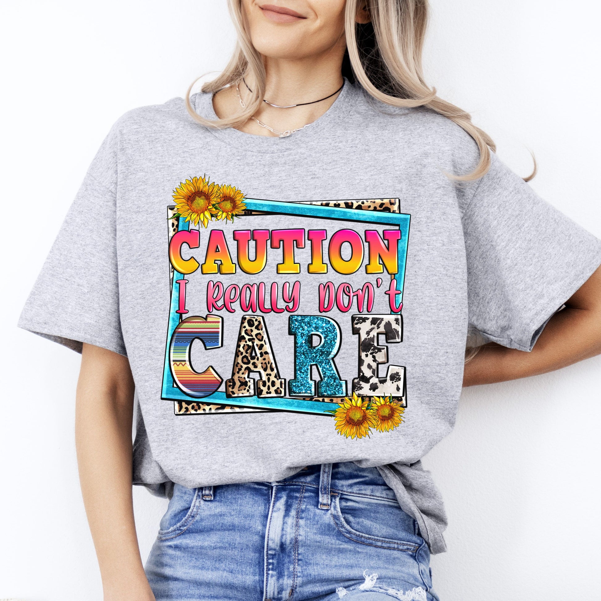 Caution I really dont care T-Shirt Socially awkward Unisex tee White Sand Sport Grey-Sport Grey-Family-Gift-Planet