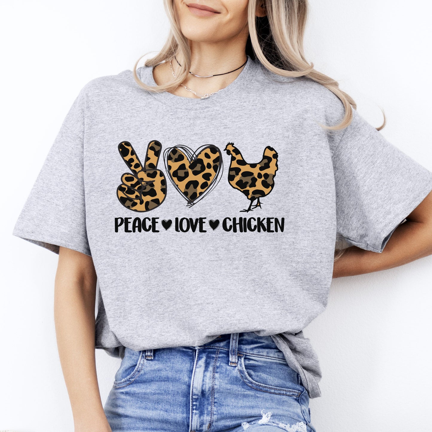 Peace Love Chicken T-Shirt Leopard skin Chicken lover farmer Unisex Tee Sand White Sport Grey-Sport Grey-Family-Gift-Planet