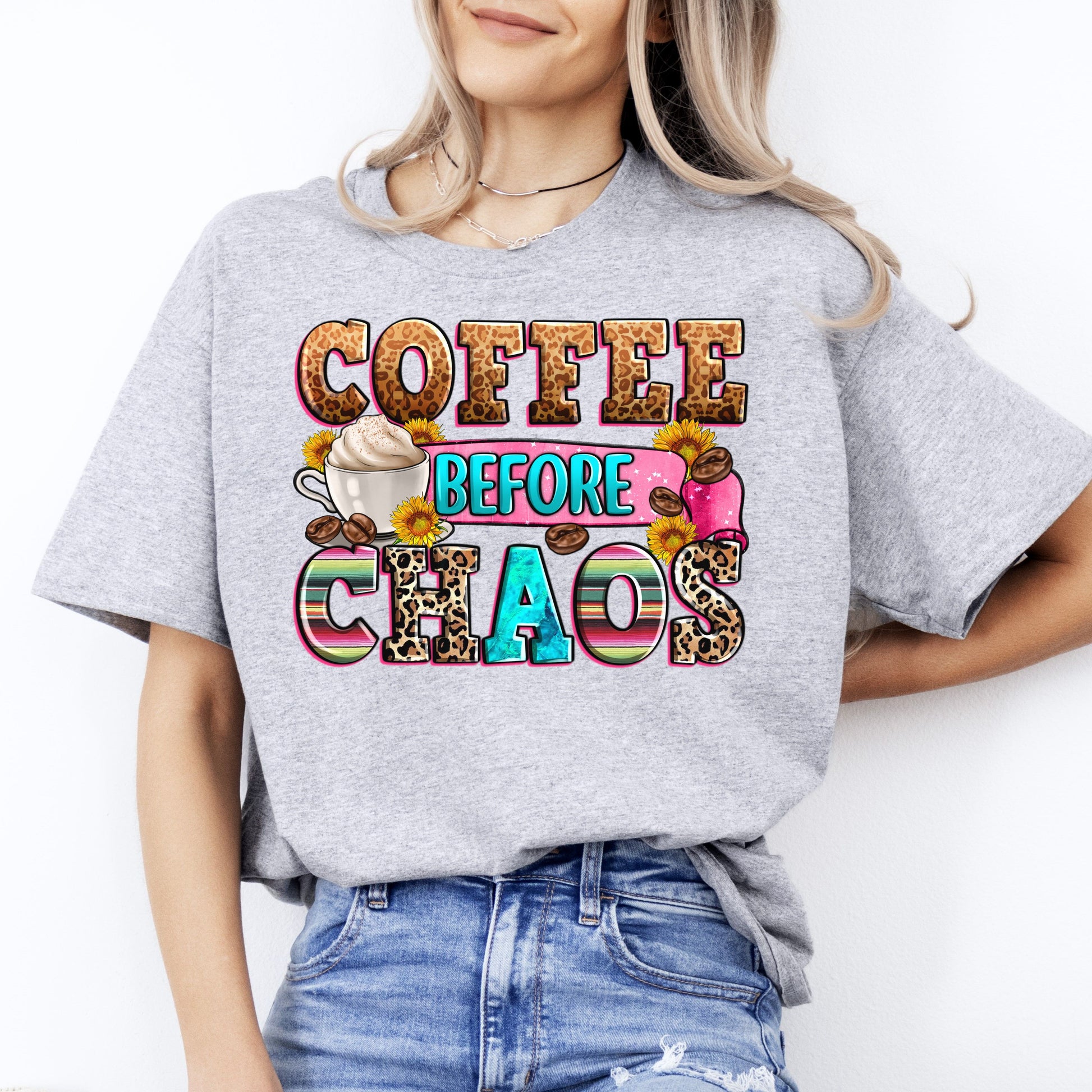 Coffee before chaos T-Shirt Hustle Mom of three Morning coffee Unisex tee White Sand Sport Grey-Sport Grey-Family-Gift-Planet