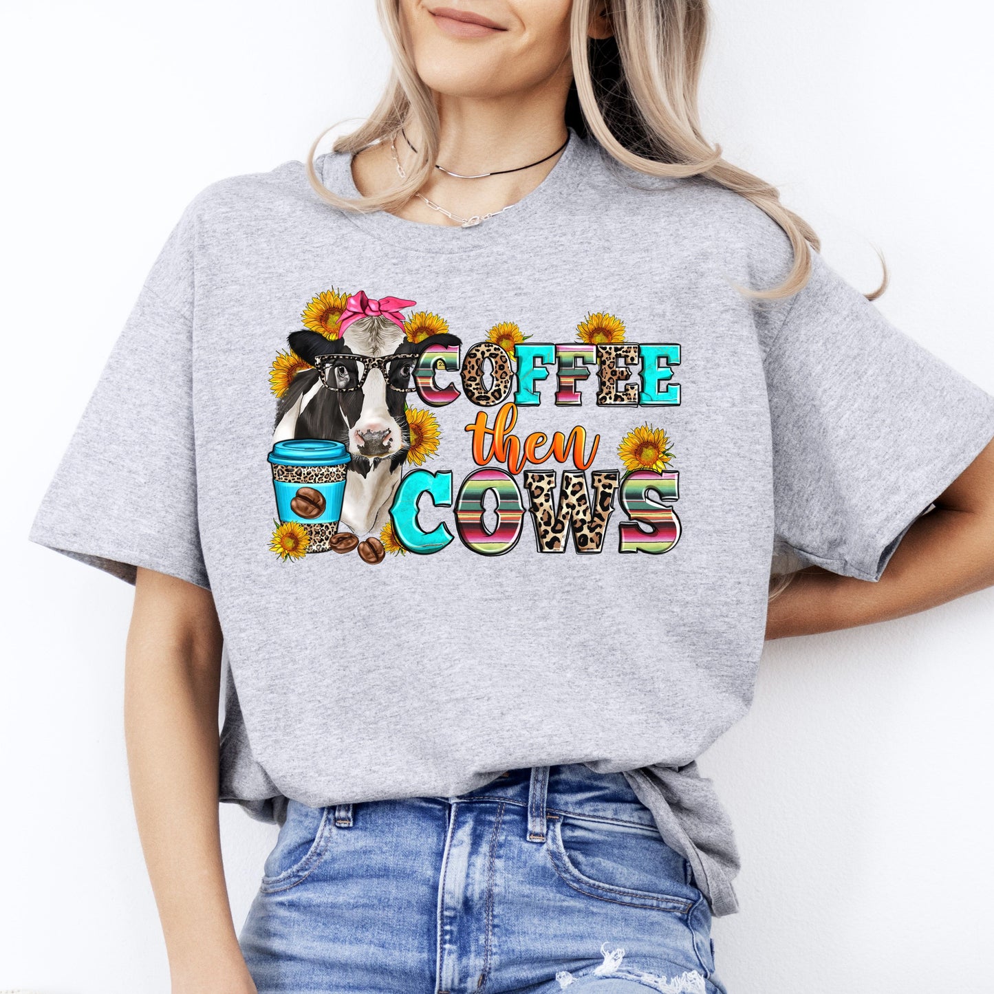 Coffee then cows T-Shirt Farmer Cow lover coffee addict Unisex tee White Sand Sport Grey-Sport Grey-Family-Gift-Planet