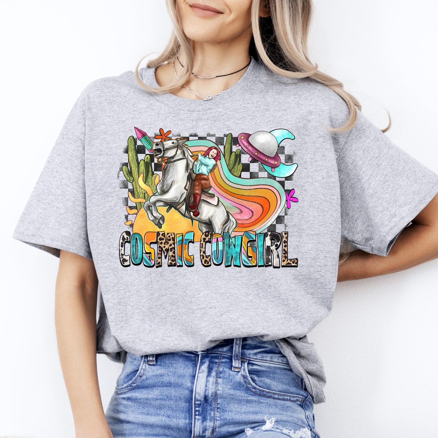 Cosmic cowgirl T-Shirt Alien Texas Western horse cowgirl Unisex tee White Sand Sport Grey-Sport Grey-Family-Gift-Planet
