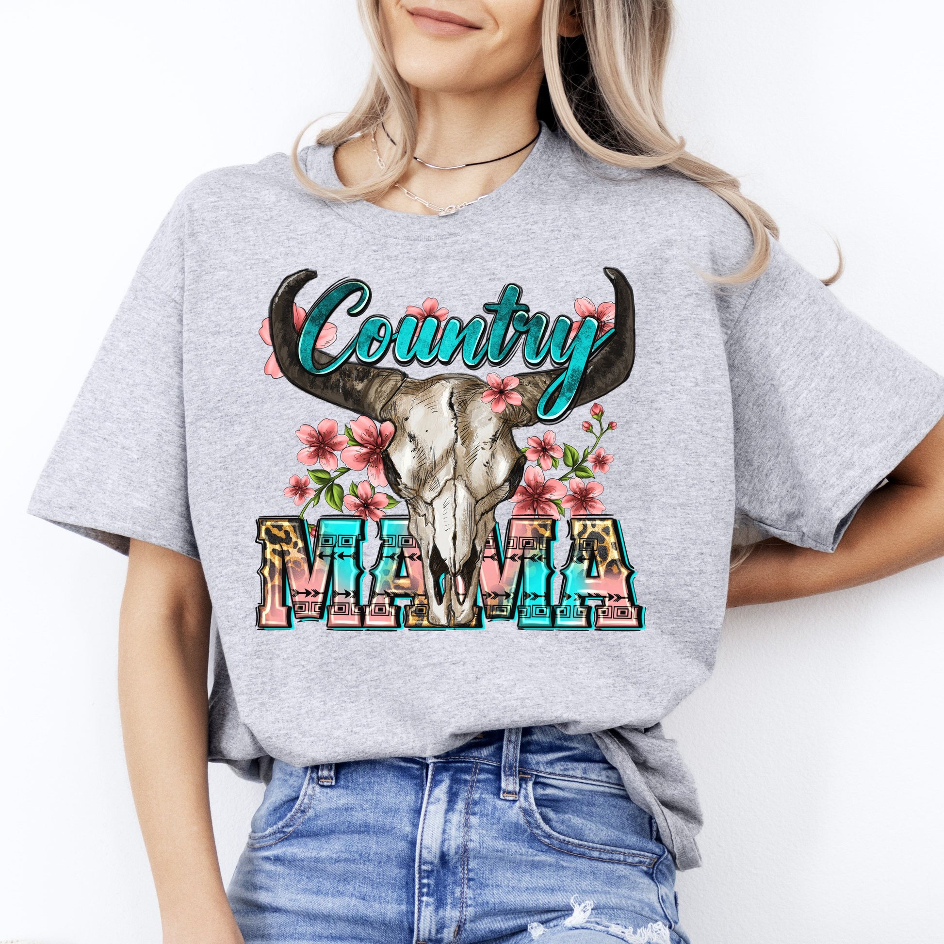 Country Mama T-Shirt Texas Western Mom buffalo skull Unisex tee White Sand Sport Grey-Sport Grey-Family-Gift-Planet