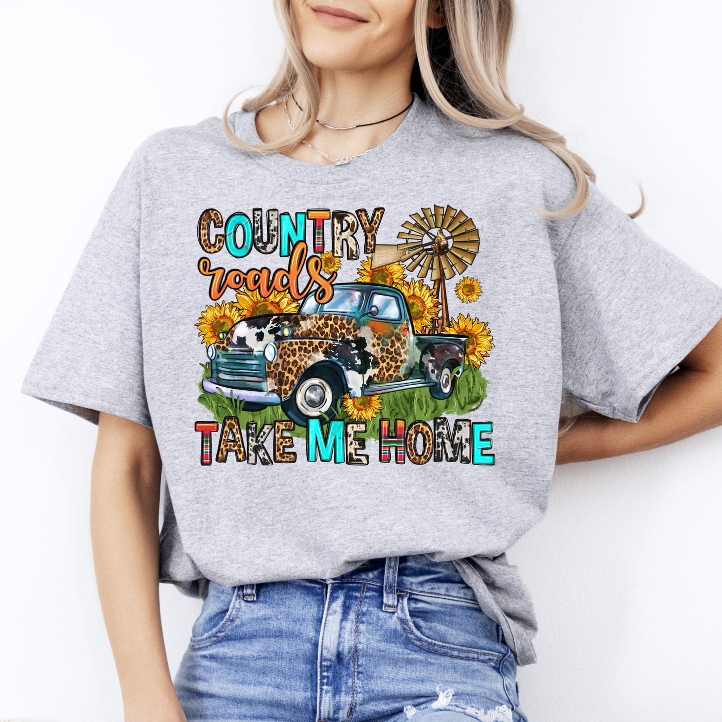 Western country track T-Shirt sunflower cow skin windmill Unisex tee White Sand Sport Grey-Sport Grey-Family-Gift-Planet