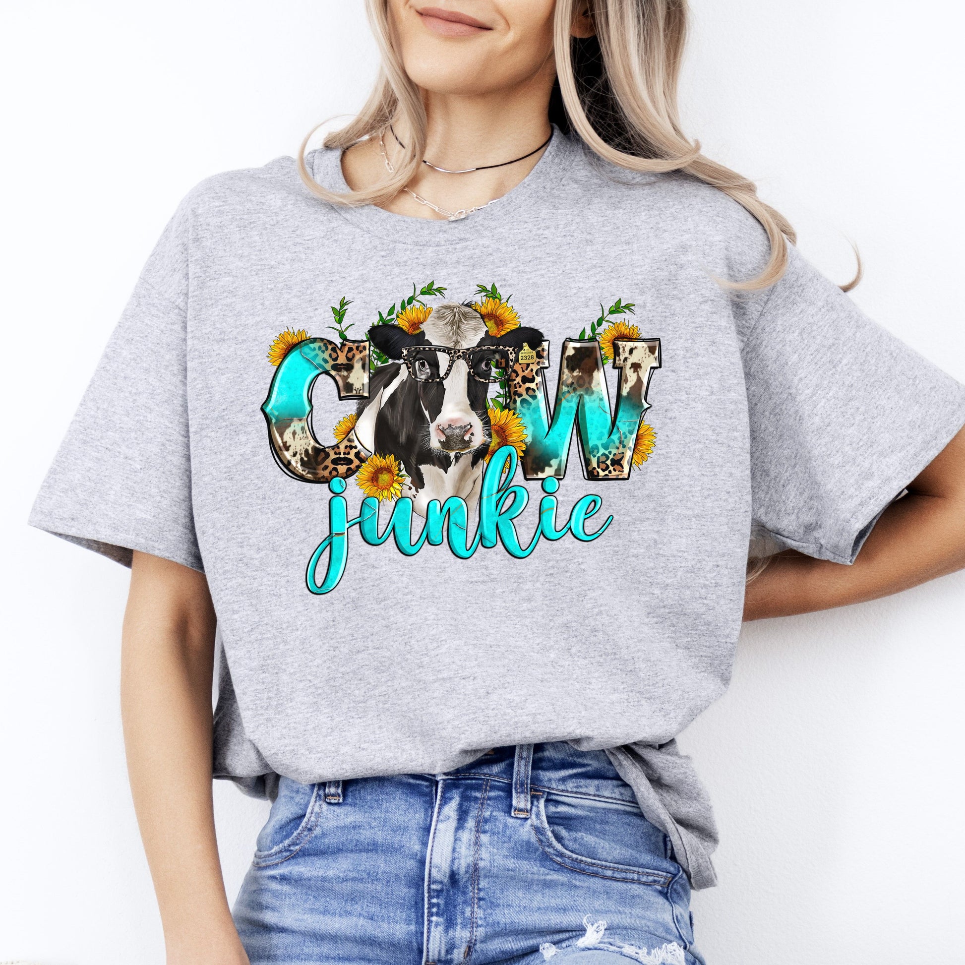 Cow junkie T-Shirt Farm cow lover sunflower Western Unisex tee White Sand Sport Grey-Sport Grey-Family-Gift-Planet