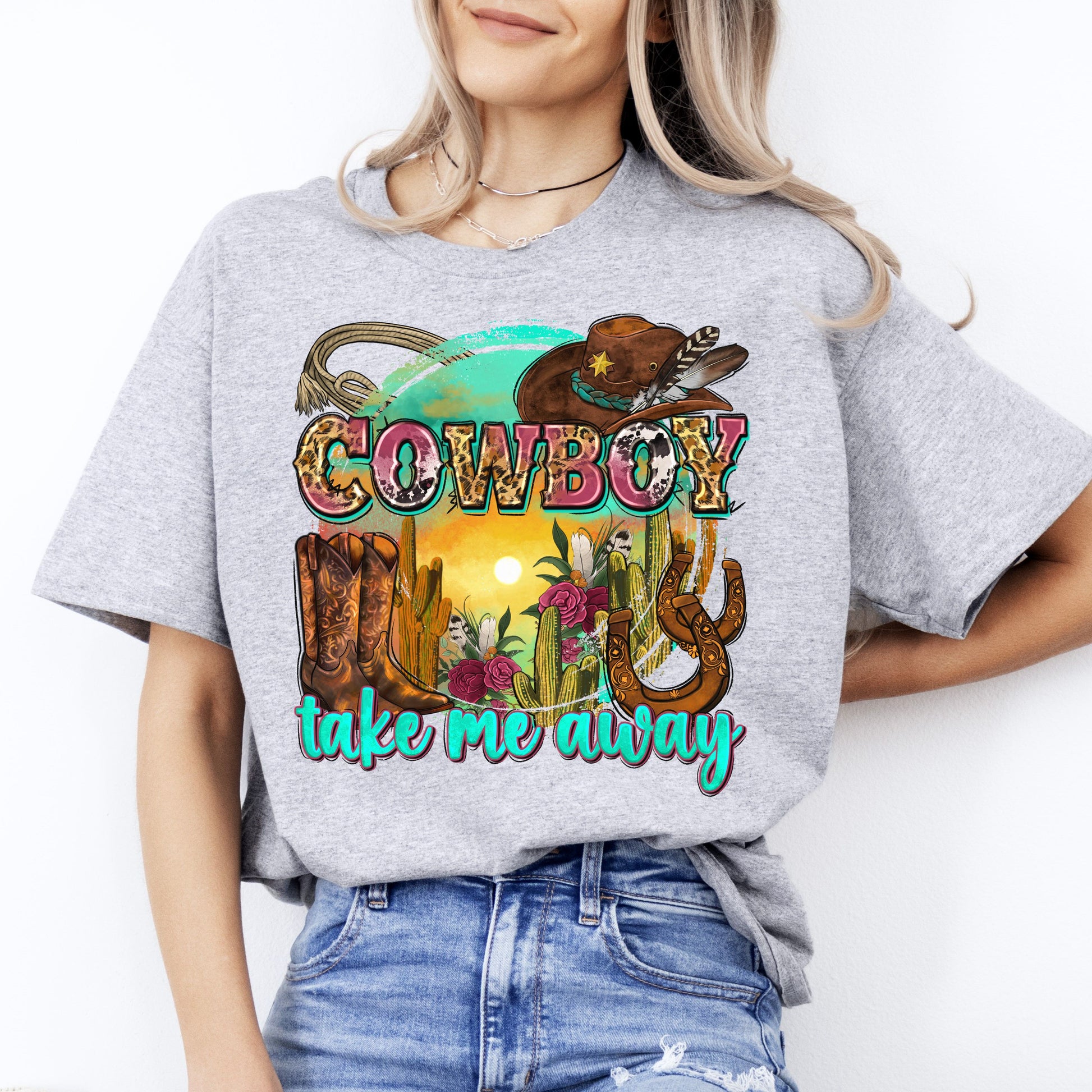 Cowboy take me away T-Shirt Texas Western boots cactus hat Unisex tee White Sand Sport Grey-Sport Grey-Family-Gift-Planet