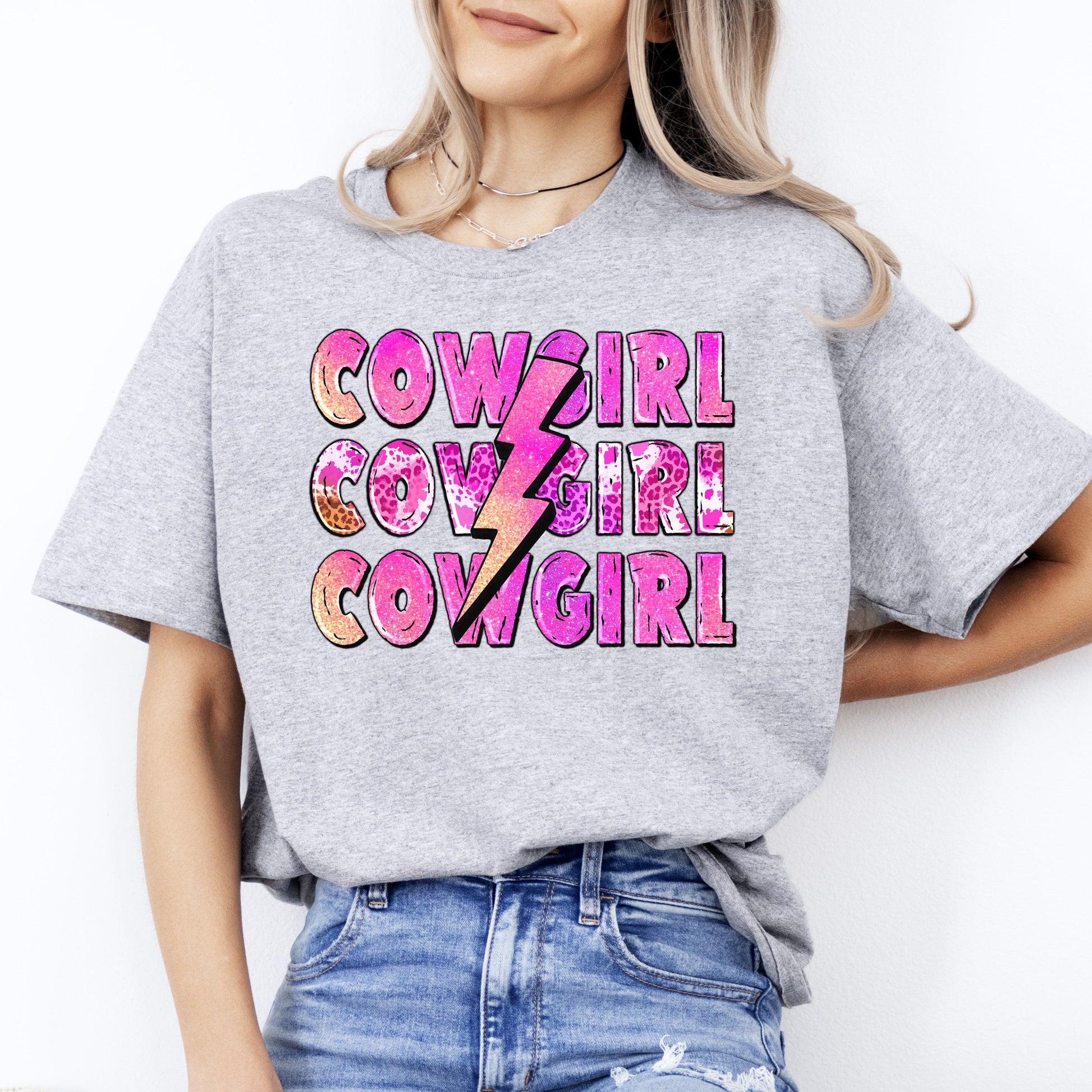 Cowgirl lightning bolt T-Shirt Pink Texas Cowgirl Unisex tee White Sand Sport Grey-Sport Grey-Family-Gift-Planet