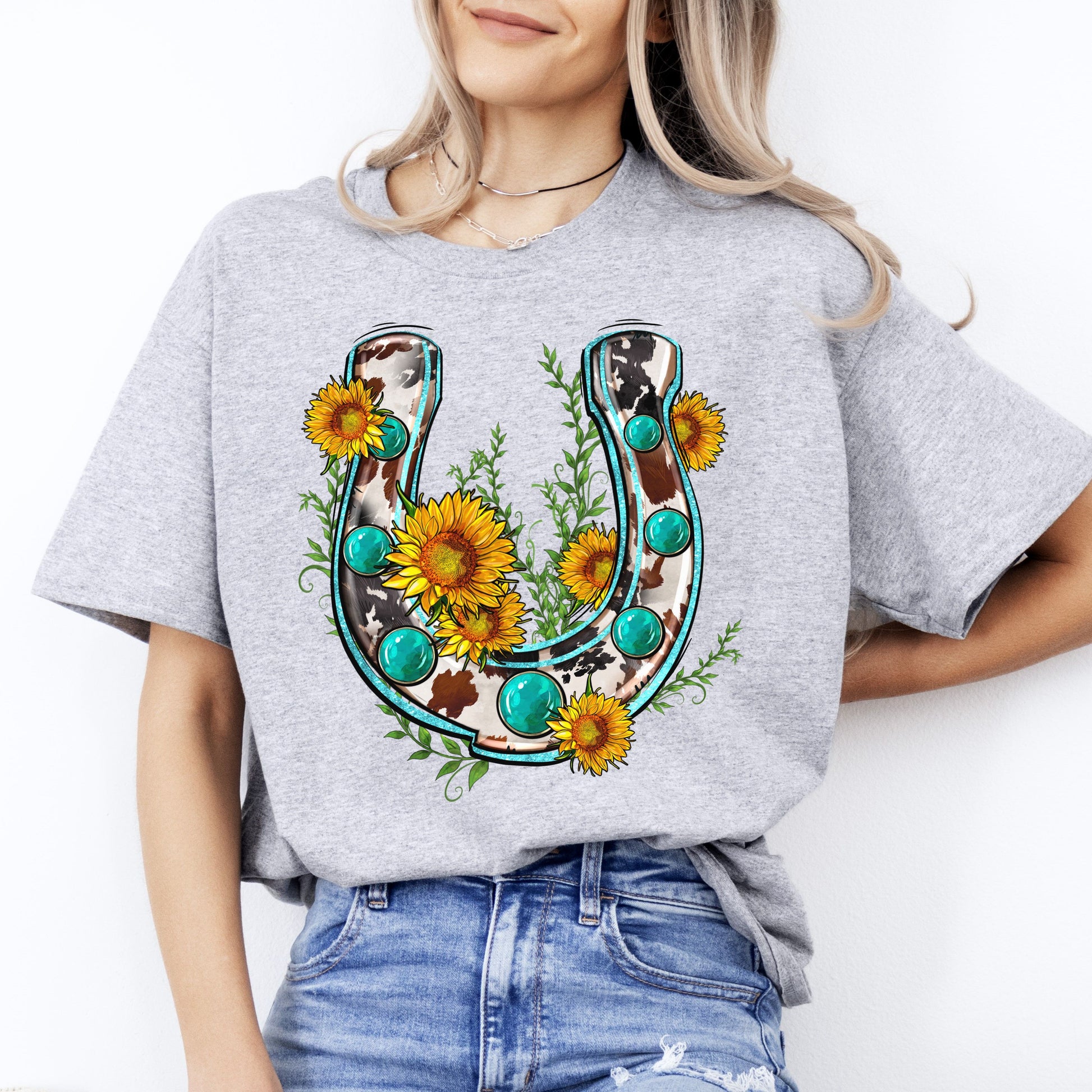 Cowhide sunflower horseshoe T-Shirt cow skin horseshoe Unisex tee White Sand Sport Grey-Sport Grey-Family-Gift-Planet