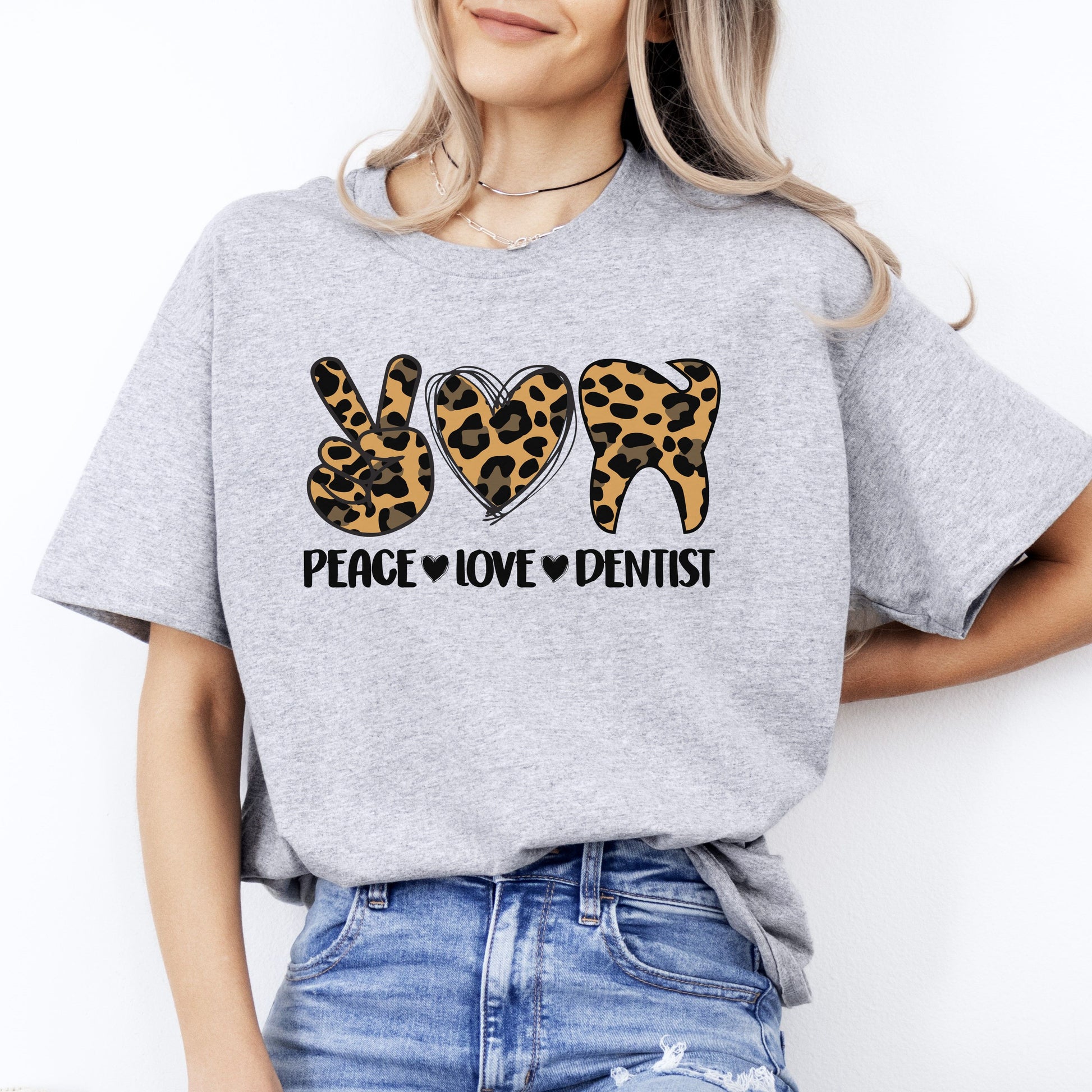 Peace Love Dentist T-Shirt Leopard skin Orthodontist Dental squad Unisex Tee Sand White Sport Grey-Sport Grey-Family-Gift-Planet