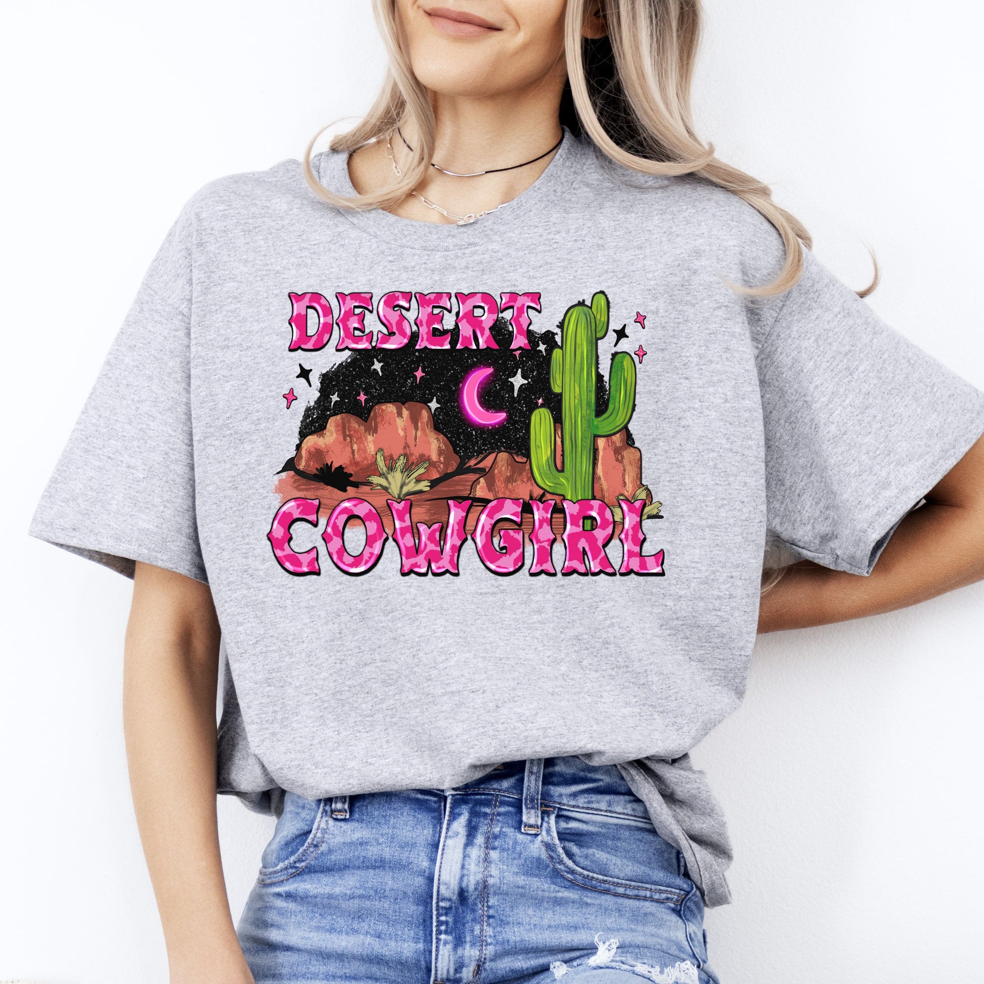 Desert cowgirl T-Shirt gift Western Night desert cactus pink cowgirl Tee Sand White Sport Grey-Sport Grey-Family-Gift-Planet