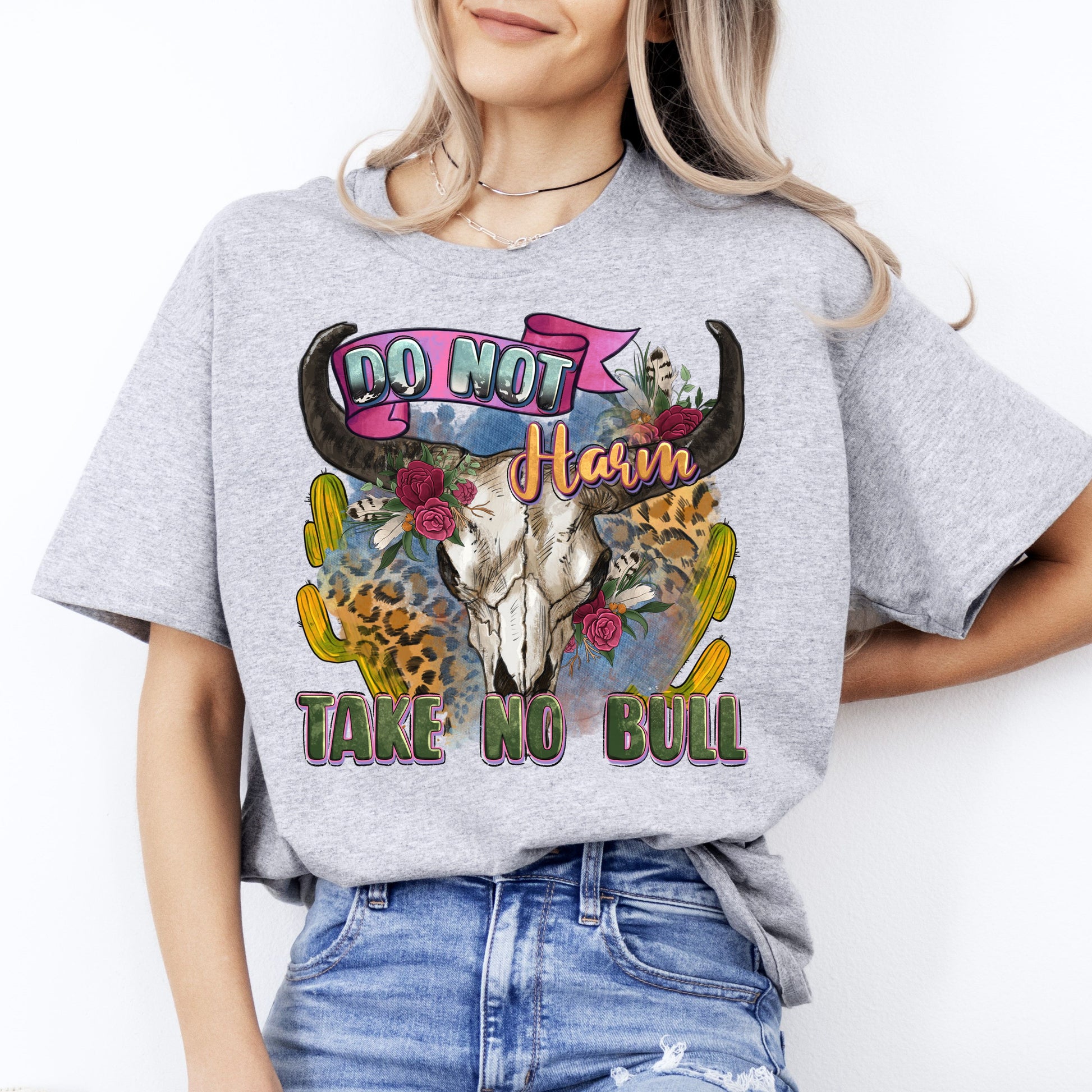 Do not harm take no bull cow skull T-Shirt gift Leopard skin buffalo skull Texas girl Unisex Tee Sand White Sport Grey-Sport Grey-Family-Gift-Planet