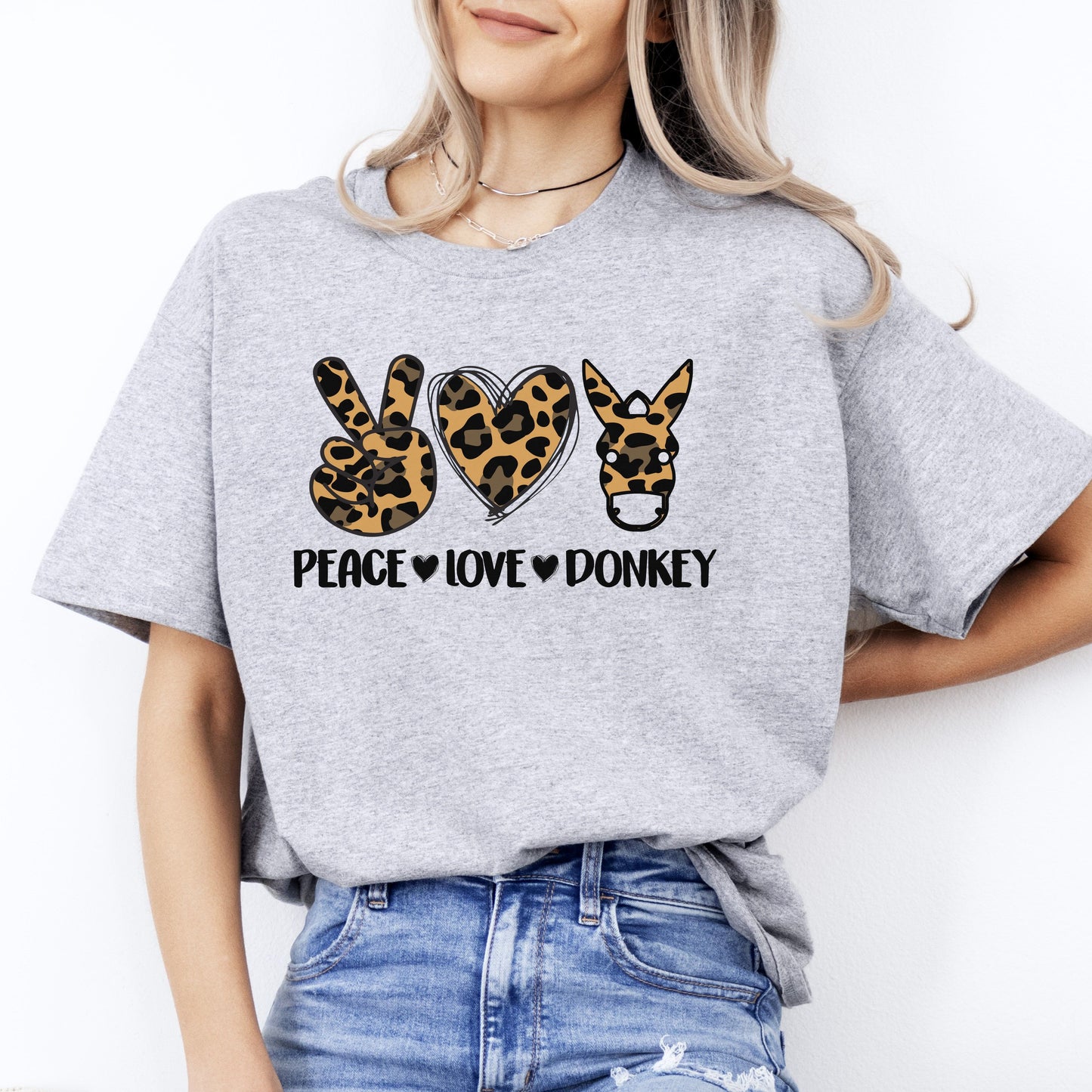 Peace Love Donkey T-Shirt Leopard skin Donkey lover Farmer Unisex Tee Sand White Sport Grey-Sport Grey-Family-Gift-Planet