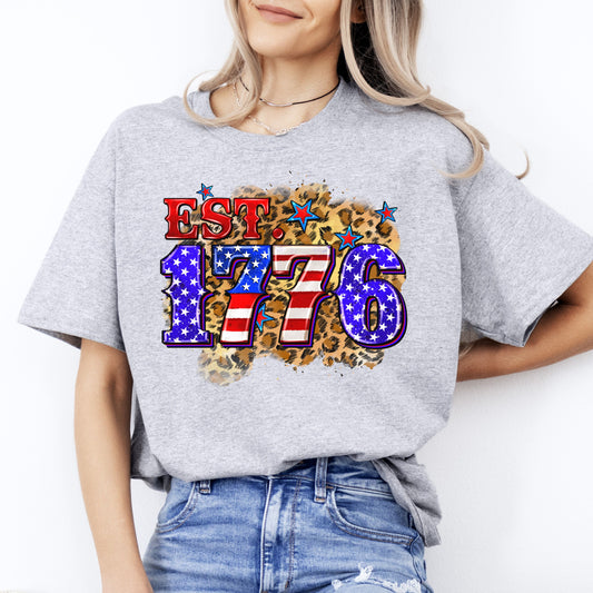 Est. 1776 4th of July T-Shirt gift leopard skin patriotic America independence Tee Sand White Sport Grey-Sport Grey-Family-Gift-Planet