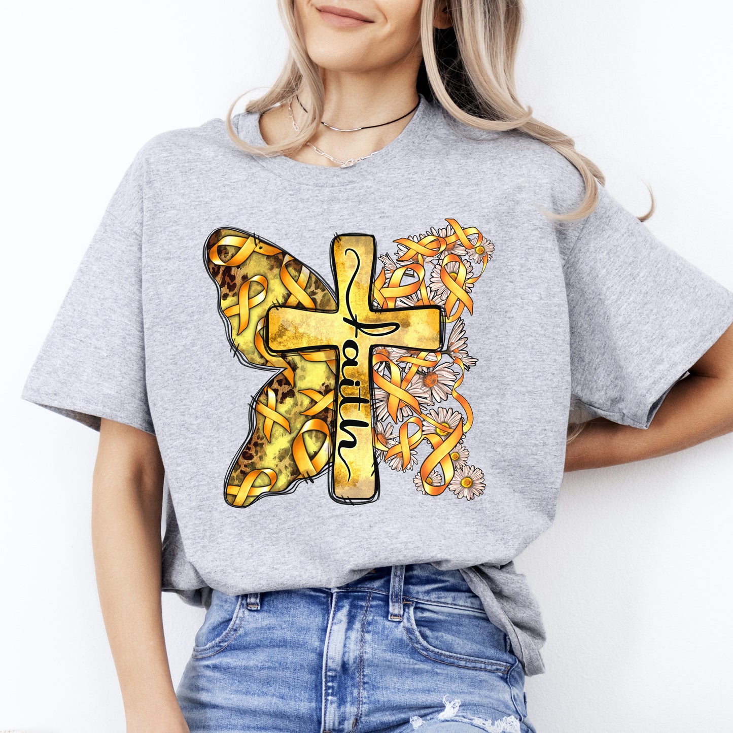 Faith child cancer cross T-Shirt gift gold ribbon child cancer awareness cross Tee Sand White Sport Grey-Sport Grey-Family-Gift-Planet