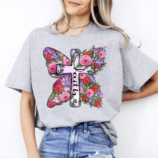 Faith flower cross T-Shirt gift Christian cross butterfly floral Unisex Tee Sand White Sport Grey-Sport Grey-Family-Gift-Planet