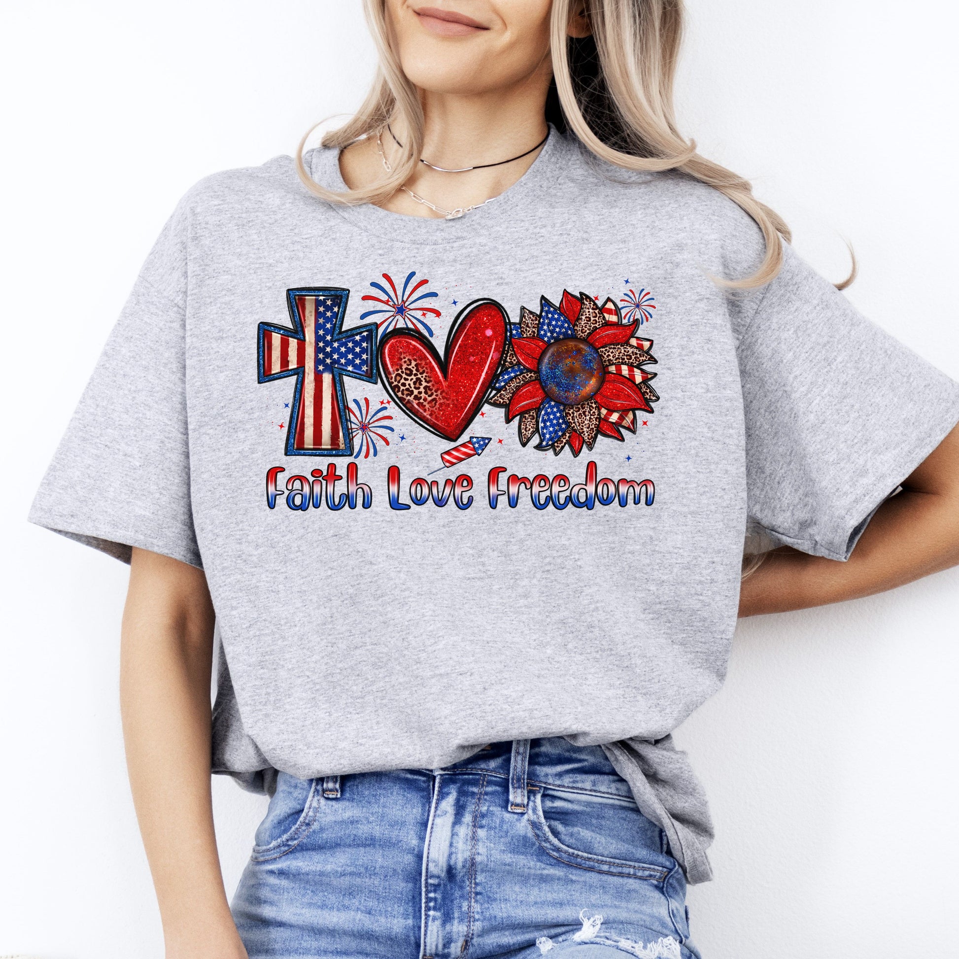 Faith love freedom T-Shirt gift America July 4th Cross Heart Sunflower Tee Sand White Sport Grey-Sport Grey-Family-Gift-Planet