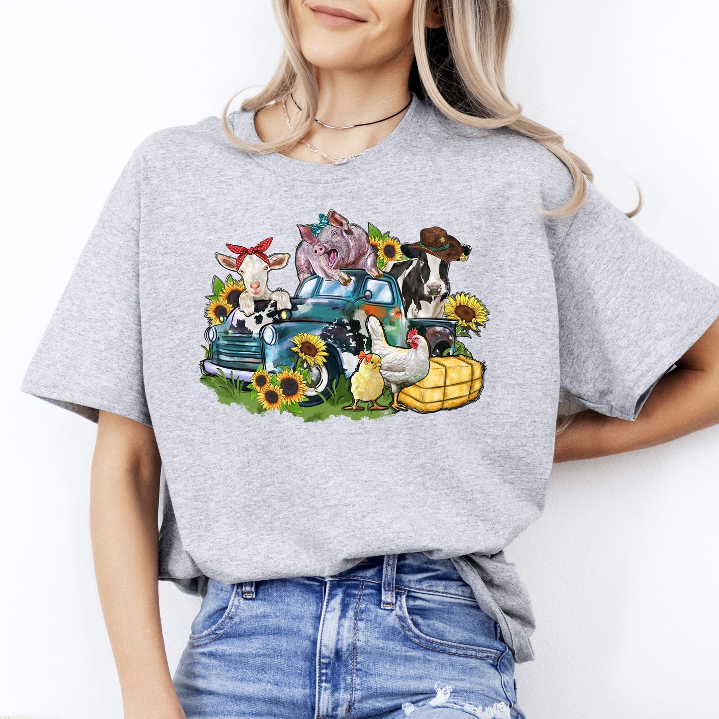 Farm animals truck T-Shirt gift Sunflower cow gig chick goat Farmer Unisex tee Sand White Sport Grey-Sport Grey-Family-Gift-Planet