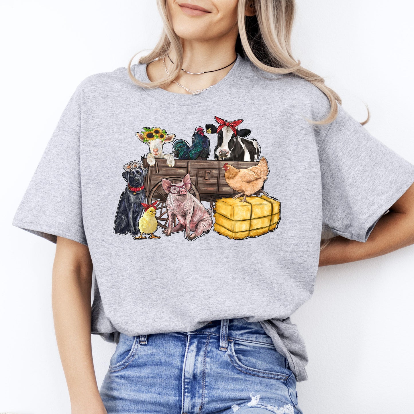 Farm animals wagon T-Shirt gift Dog goat cow pig farm owner Unisex tee Sand White Sport Grey-Sport Grey-Family-Gift-Planet