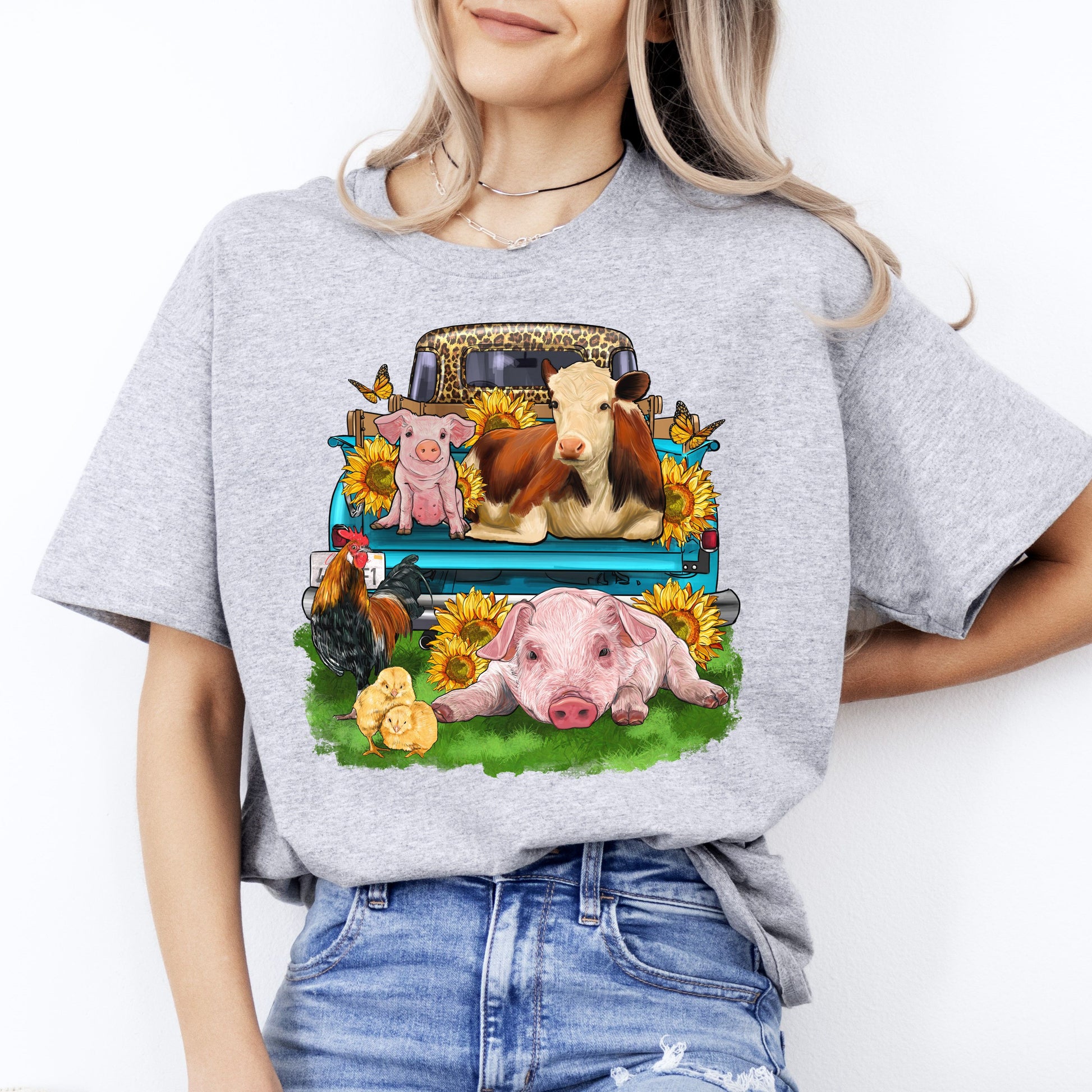 Farm truck animals T-Shirt gift Sunflower farmer old truck cow pig chick Unisex tee Sand White Sport Grey-Sport Grey-Family-Gift-Planet